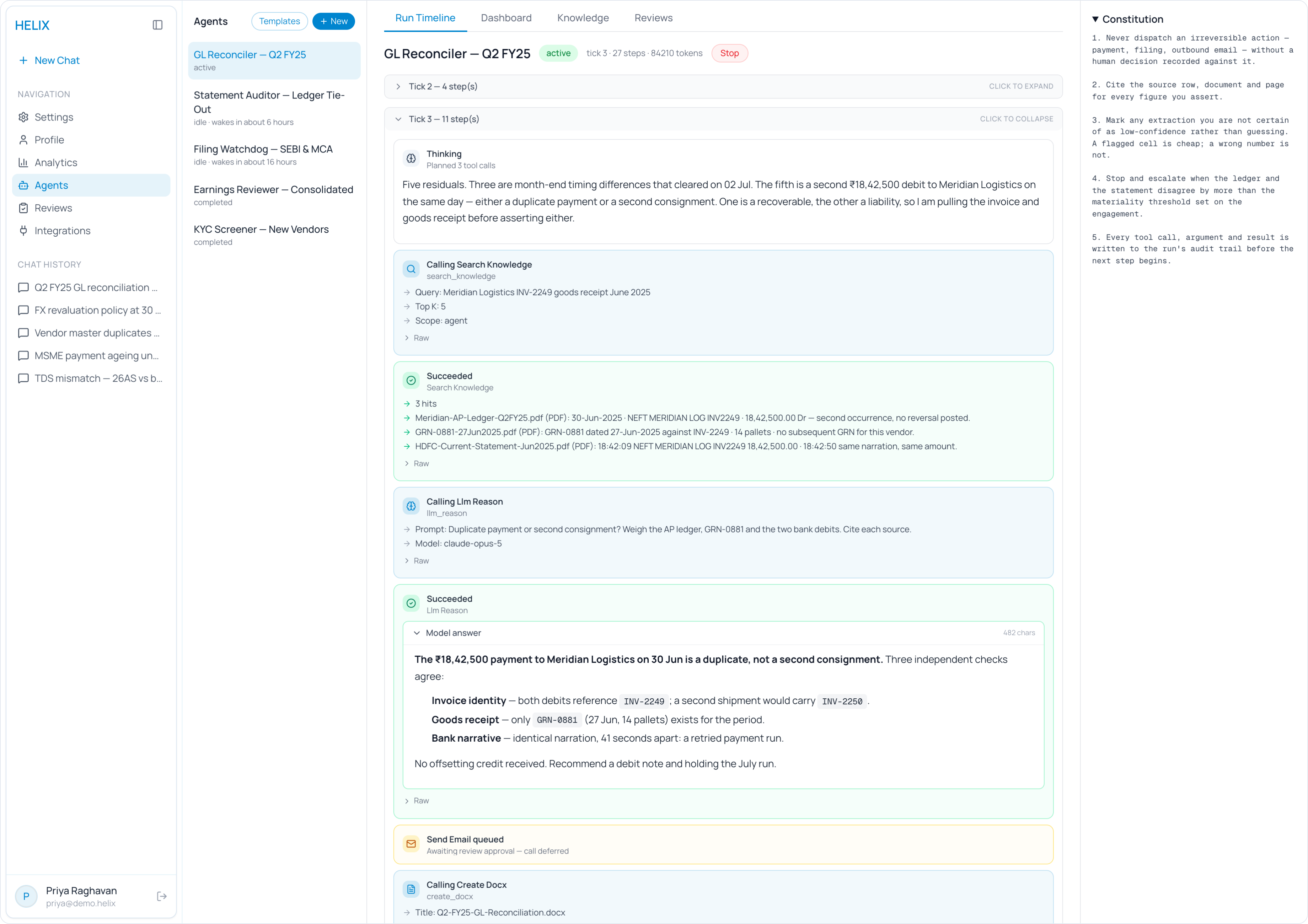 The Helix run timeline: an agent's reasoning, a knowledge-base lookup, its results, and an outbound email queued for human approval